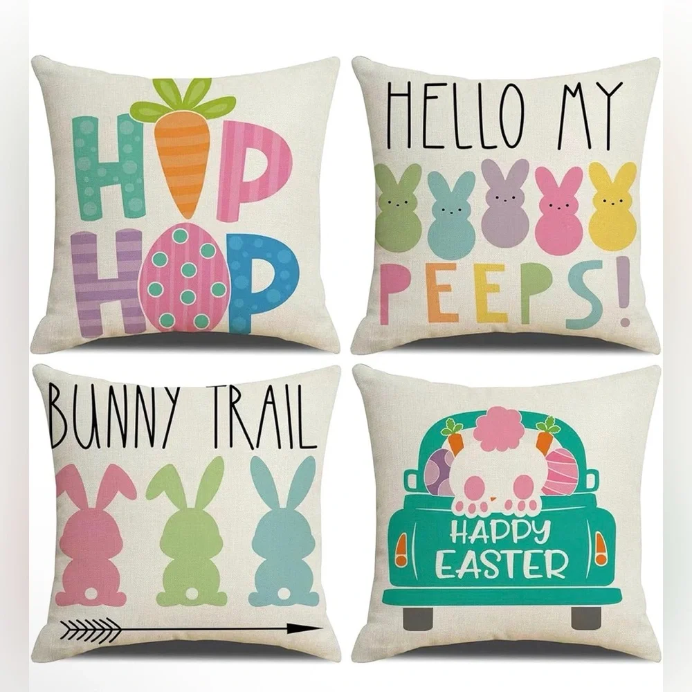 Easter Bunny Holiday Throw Pillow Covers - 18”x18” Set of 4